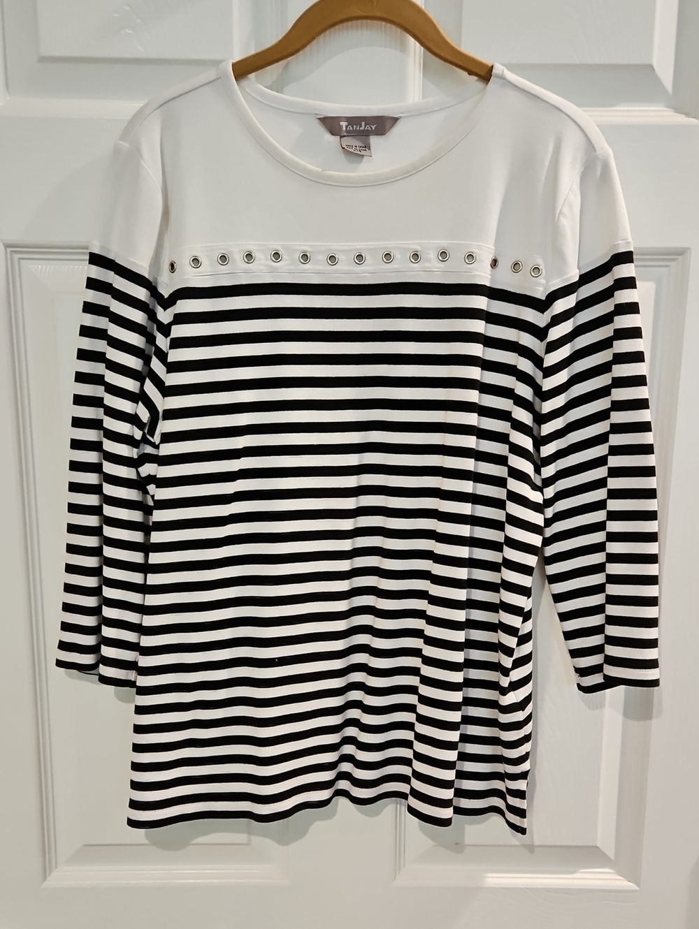Tan Jay Black & White Striped Grommet-Trim 3/4 Sleeve Top